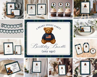May include: A collection of party decorations with a teddy bear theme. Includes signs, cupcake toppers, a banner, and cards. The main sign reads "A Beary Sweet Party Birthday Bundle (any age)". The color scheme is navy blue, green, and brown.