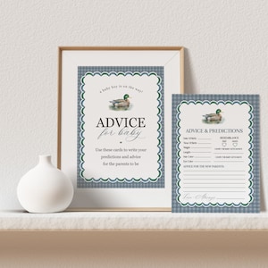 Conseils et prédictions de colvert pour modèle imprimable de cartes de bébé, jeu de baby shower modifiable de canard chanceux pour la douche de chasse de canard d'aventure de garçon