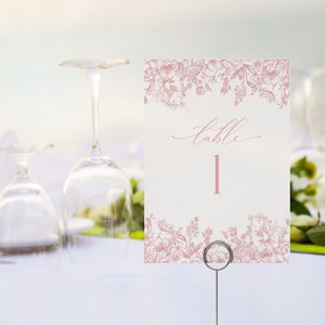 Plantilla imprimible de tarjetas con números de mesa con motivos chinoiserie en rosa, elegante decoración de toile rosa para cumpleaños o baby shower, tema francés nupcial WP1010
