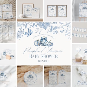 Paquete imprimible de Toile de Jouy azul para baby shower, decoración chinoiserie azul otoñal para un brunch francés de octubre, decoración para baby shower de otoño WP1006