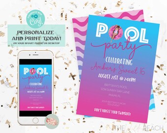 Ombre Pool Party Sweet 16 Invite Template, donut float invitation pool float summer sweet sixteen party teen birthday party instant download