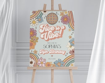 Groovy 5. Geburtstag Hintergrund-Banner – „Five Is A Vibe“ – Retro-Hippie, Boho, Gänseblümchen-Motiv – 1,5 X 0,9 M Polyester – Für Mädchen Geburtstagsparty, Boho-Deko
