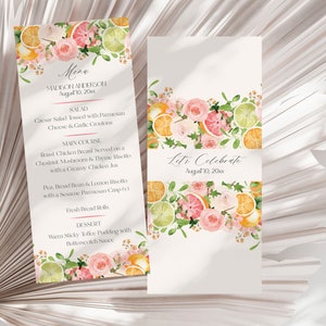 Modelo de menu de casamento para impressão em tons pastel cítricos, Brunch de noiva principal para chá de panela de verão, Decoração de chá de panela da Flórida