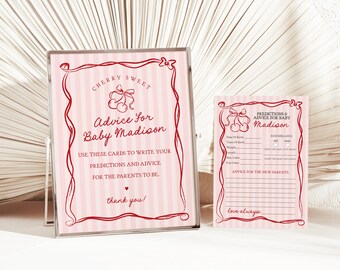 Cherry Advice for Baby Shower Sign, Coquette Bow Advice Cards, Retro Red Cherry Activity, Pink Cherry Coquette Bow, Instant Download WP1038