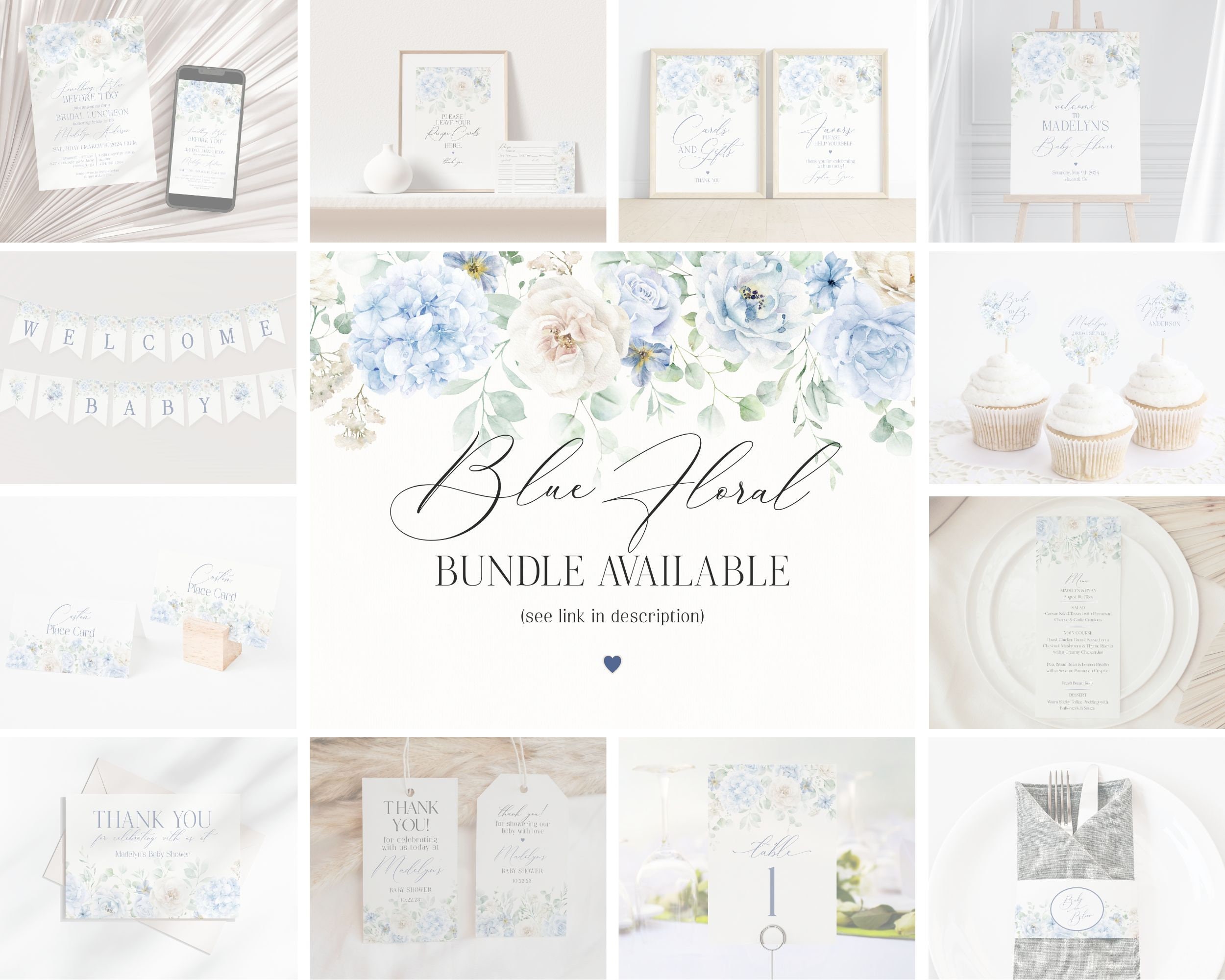 Blue Floral Thank You Card Printable Template, Blue Baby in Bloom Baby ...