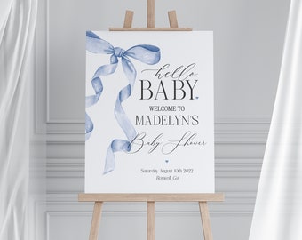 Blue Bow Baby Shower Welcome Sign Printable Template, Gender Neutral preppy coquette bow theme party for fancy southern grandmillenial girl