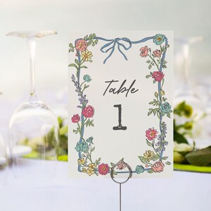 Modelo de cartões de números de mesa para festa de jardim de verão, chá de bebê floral brilhante para menina, chá de panela de flores silvestres, buquê de verão para casamento WP1058
