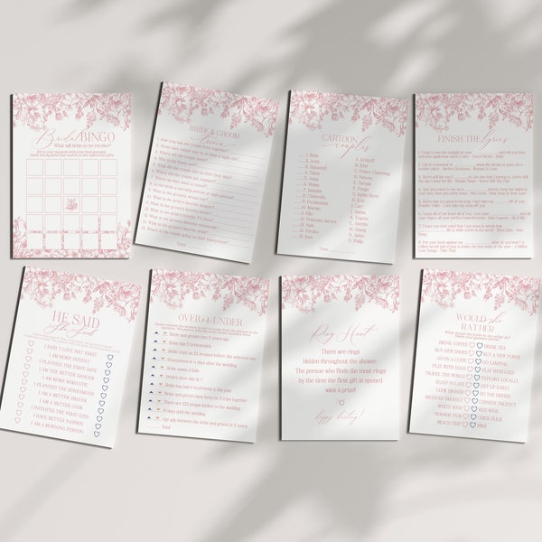 Pink Chinoiserie Bridal Shower Games Set Printable Template, Love is in Bloom Pastel Toile de Jouy Bridal Brunch with the Bride WP1010