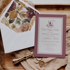 May include: A bridal shower invitation with a floral envelope liner and a matching invitation card. The invitation features the text "Nino Before Vows" and details for Addison Rose's bridal shower. A gold wax seal and stamp are also present.