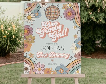Modèle de plaque de bienvenue floral groovy pour le 1er anniversaire, décoration de fête d'anniversaire d'une fille groovy pour un anniversaire des années 70, fête d'anniversaire groovy, WP3034