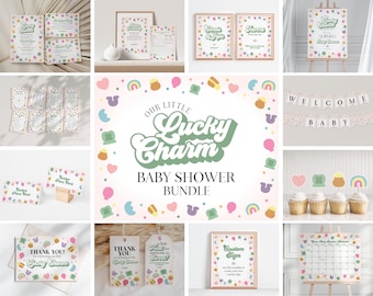May include: A baby shower bundle with a "Lucky Charm" theme. The design includes invitations, signs, cupcake toppers, and a banner. The color palette features pastel pink, green, yellow, and blue, with rainbow and clover motifs.