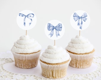 Blue Bow Cupcake Toppers Printable for Baby Birthday and Bridal Shower, Tying the Knot preppy coquette bow party for fancy southern girl