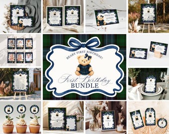 May include: A collection of party supplies with a teddy bear theme. Includes invitations, signs, cupcake toppers, and place cards. The designs feature a navy blue and green plaid pattern and the text "Beary First Birthday!"