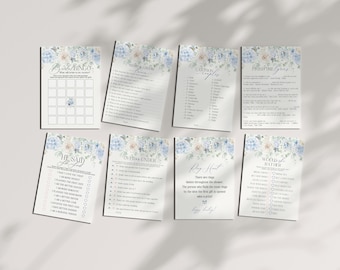 Blue Floral Bridal Shower Games Set Printable Template, Something Blue Before I Do spring bridal shower Light Blue Hydrangea Flowers