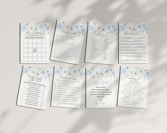 Blaue Blumen Brautdusche Spiele Set Druckbare Vorlage, etwas Blaues, bevor ich Frühling Brautparty hellblaue Hortensienblumen tue, WS3017