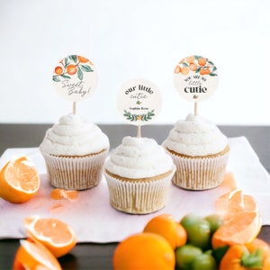 Little Cutie is on the Way Citrus Baby Shower Cupcake Toppers Printable, Clementine Orange gender neutral Baby Shower, tangerine baby WP1068