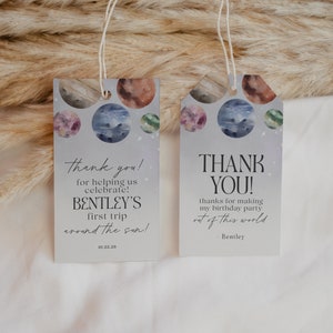 Outer Space Favor Tags voor Space verjaardag direct downloaden, bedankt tag Galaxy cadeaukaartjes afdrukbare sjabloon Trip Around the Sun Planets