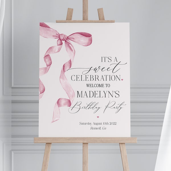 Pink Bow Birthday Welcome Sign Printable Template, Watercolor preppy coquette bow theme party for fancy southern girl, grandmillenial bow
