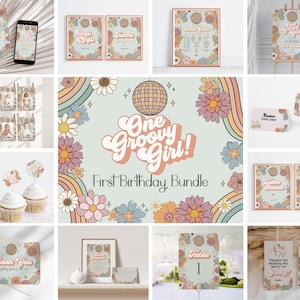 Groovy Floral First Birthday Party Bundle Printable Template, one groovy girl hippie birthday party, retro 1st birthday groovy party pack