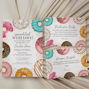 Donut Sprinkles Baby Sprinkle-Einladungs-Set-Vorlage, besprüht mit Liebe Donut-Babyparty für Mädchen, süße Feier, Donuts und Windeln