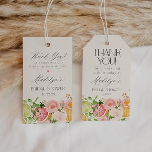 Pastel Citrus Bridal Shower Favor Tags Printable Template, Coastal Main Squeeze Decor for Summer Tropical Bride Florida Party Decor