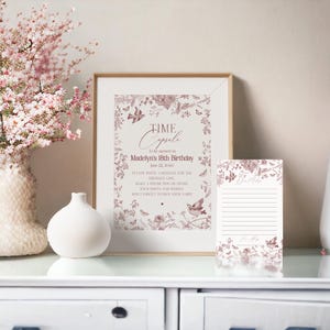 Modello stampabile per capsula del tempo in toile autunnale, chinoiserie bordeaux per feste di compleanno settembre ottobre compleanno autunno francese toile de jouy WP1032