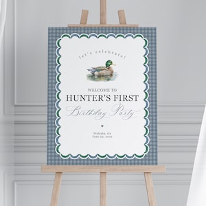 Mallard Birthday Welcome Sign Printable Template, Editable One Lucky Duck Boy 1st Birthday Decor, Adventure Duck Hunting Party Blue Gingham