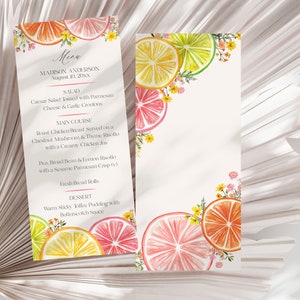 Modelo de menu de casamento para impressão com flores cítricas, Brunch de noiva principal para chá de panela de verão, Decoração de chá de panela da Flórida
