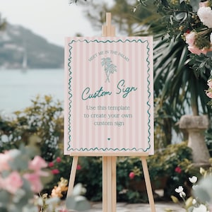Rosa Palm Springs Benutzerdefinierte Schild Vorlage, Vintage Palme Strand Cabana Geburtstag Pool Party, tropisches Pastell Bachelorette Thema WS1046