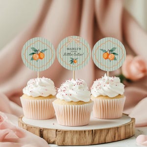 Green Little Cutie Cupcake Toppers Printable Template, Pastel Citrus Baby Shower for Summer Birthday Party Decor WP1051