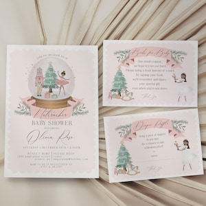 Pastel Pink Nutcracker Baby Shower Invitation Bundle Instant Download, christmas winter wonderland dark skin tone ballerina girl sugar plum