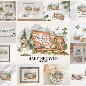 Modello stampabile per baby shower nel parco nazionale, baby shower all'aperto nel bosco, l'avventura con le gocce di pioggia nella natura ti aspetta WP1005