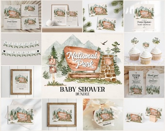 National Park Baby Shower Bundle Printable, mountain woodland baby shower bundle editable woodland invitation woodsy baby shower games