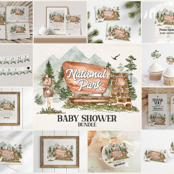 Paquete de baby shower del Parque Nacional imprimible, paquete de baby shower del bosque de montaña invitación de bosque editable juegos de baby shower amaderados