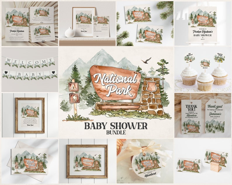 May include: A collection of baby shower stationery and decorations with a National Park theme. Includes invitations, thank you cards, cupcake toppers, a banner, and framed art. The designs feature watercolor illustrations of mountains, trees, and a park sign.