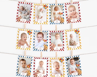 Circus first birthday milestone photo banner, gender neutral carnival birthday party decor for boy, editable instant download, WP3021