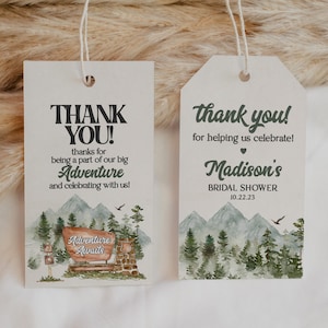 Modèle d'étiquettes de faveur pour la douche nuptiale du parc national, douche nuptiale en plein air dans les bois, aventure de brunch nuptiale dans la nature sauvage et boisée WP1005