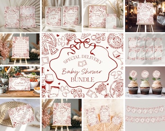 Paquete imprimible para baby shower con temática de pasta roja, entrega especial Ciao Baby Sprinkle, pasta italiana y chupetes WP1085