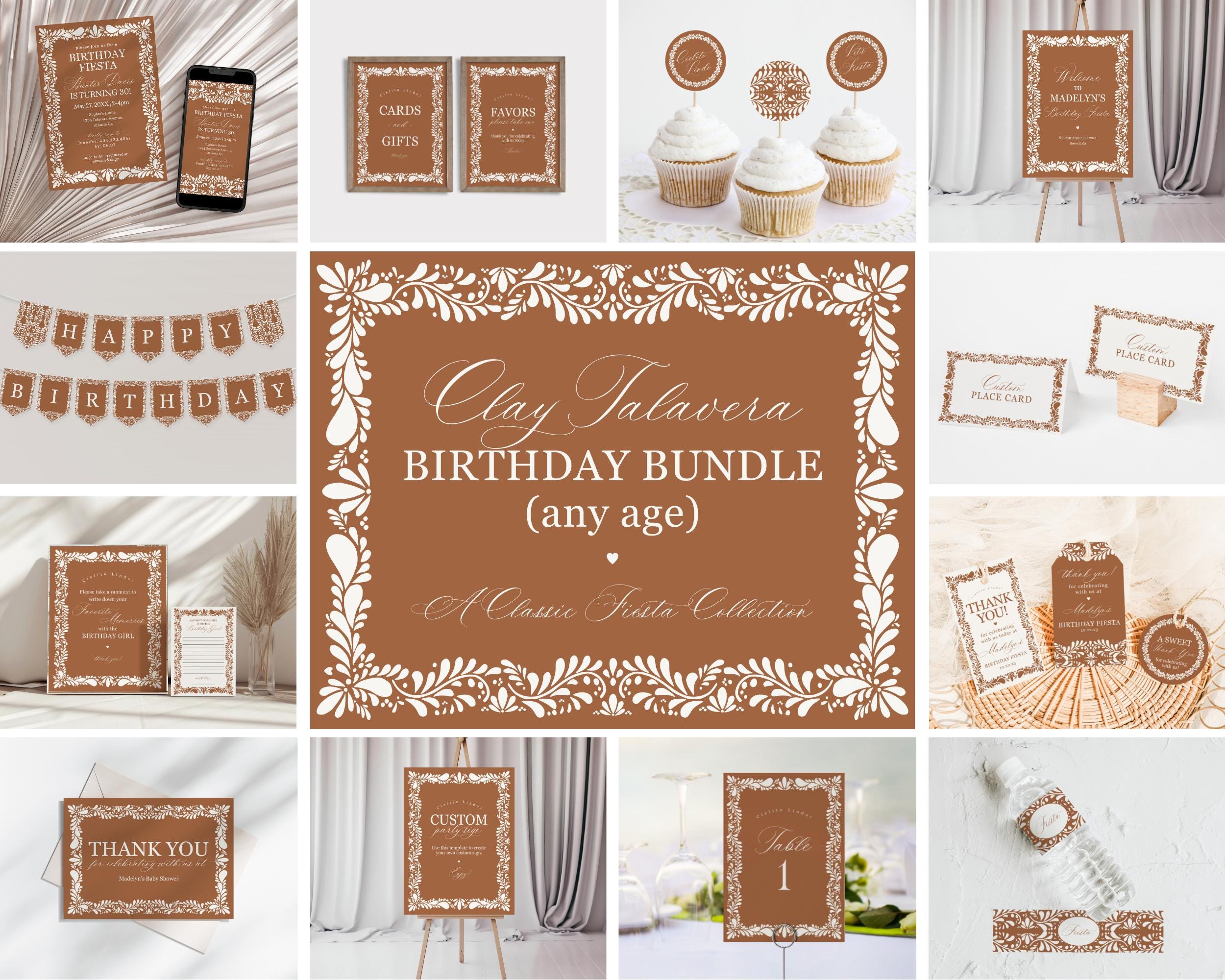 Clay Talavera Birthday Bundle Printable Template, Spanish Tile Mexican Birthday Fiesta, Terracotta Birthday Party Decor WP1019