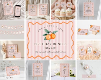 May include: A printable birthday party bundle with a citrus theme. The bundle includes a banner, invitations, thank you cards, table numbers, and more. The design features a pink and white striped background with orange citrus fruit illustrations.