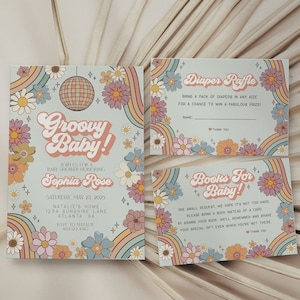 Groovy Floral Baby Shower Einladung Set Vorlage, groovy Baby Mädchen Babyparty Dekor, Retro 70er Jahre Babyparty,