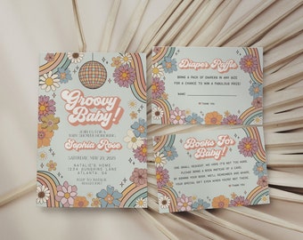 Groovy Floral Baby Shower Invitation Set Template, groovy baby girl baby shower decor, retro 70s baby shower,