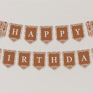 Plantilla imprimible de pancarta de feliz cumpleaños de arcilla Talavera, azulejo español naranja quemado para fiesta de cumpleaños mexicana, fiesta de cumpleaños de terracota WP1019
