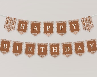 May include: A brown and white banner with the words "Happy Birthday" in white letters. The banner has a decorative pattern.