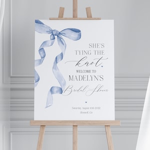 Plantilla imprimible de letrero de bienvenida para despedida de soltera con lazo azul, Something Blue Before I Do Fancy Coquette Bow Bridal Brunch, Tying the Knot WP1031