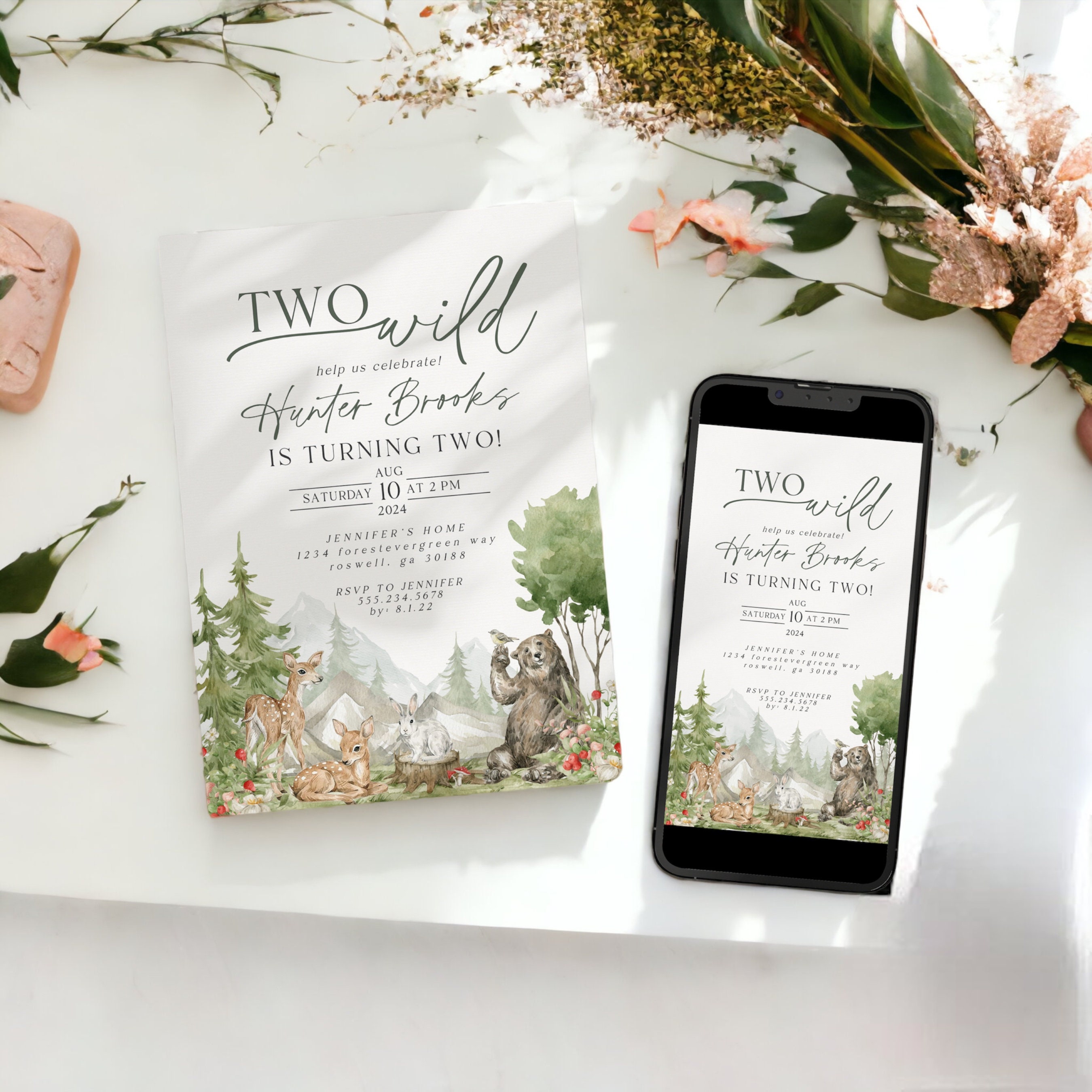 Two Wild Woodland Animals 2nd Birthday Invitation Template, Adventure Awaits Birthday Party Decor, Woodsy Wilderness Camping Bday WP1029