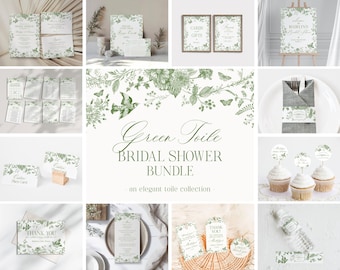 Green Toile De Jouy Bridal Shower Printable Bundle, Olive Chinoiserie French Theme Wedding Sage Wildflower Bridal Brunch WP1007