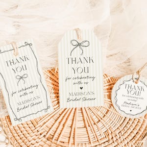 Black Coquette Bow Bridal Shower Favor Tag Template, Beige Striped Doodle Bow Bridal Brunch with the Bride, Tying the Knot Shower WP1062