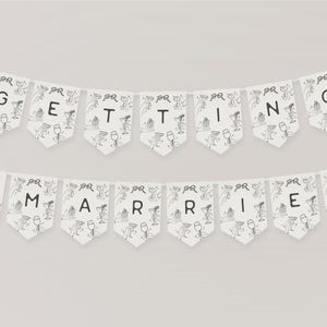 Könnte beinhalten: Ein weißes Banner mit schwarzer Schrift, auf dem "Getting Married" steht. Das Banner ist mit kleinen Zeichnungen von Händen verziert, die Champagnergläser halten.