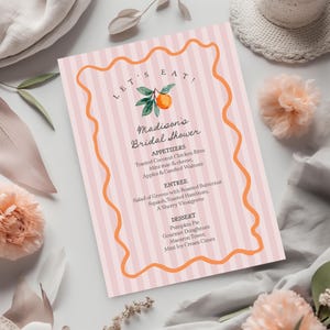 Modelo de menu Pink Little Cutie, chá de panela Main Squeeze, decoração de chá de bebê cítrico para festa de aniversário de verão Clementine Engagement WP1050
